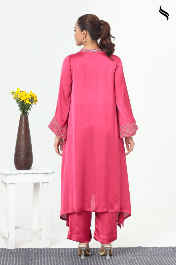 SEESHELL Women's Two Piece Silk Zardosi Beadwork Rose Pink (Deep Rose Pink Color) 03