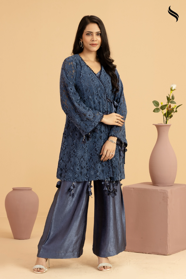 SEESHELL Women's Two Piece Embroidered Net Denim Blue