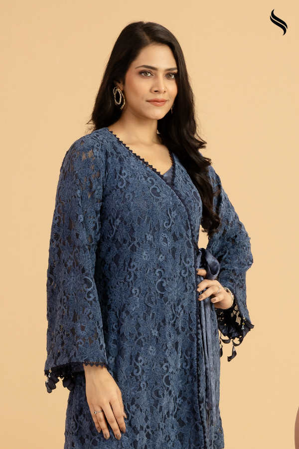 SEESHELL Women's Two Piece Embroidered Net Denim Blue (Demin Blue Color) 02