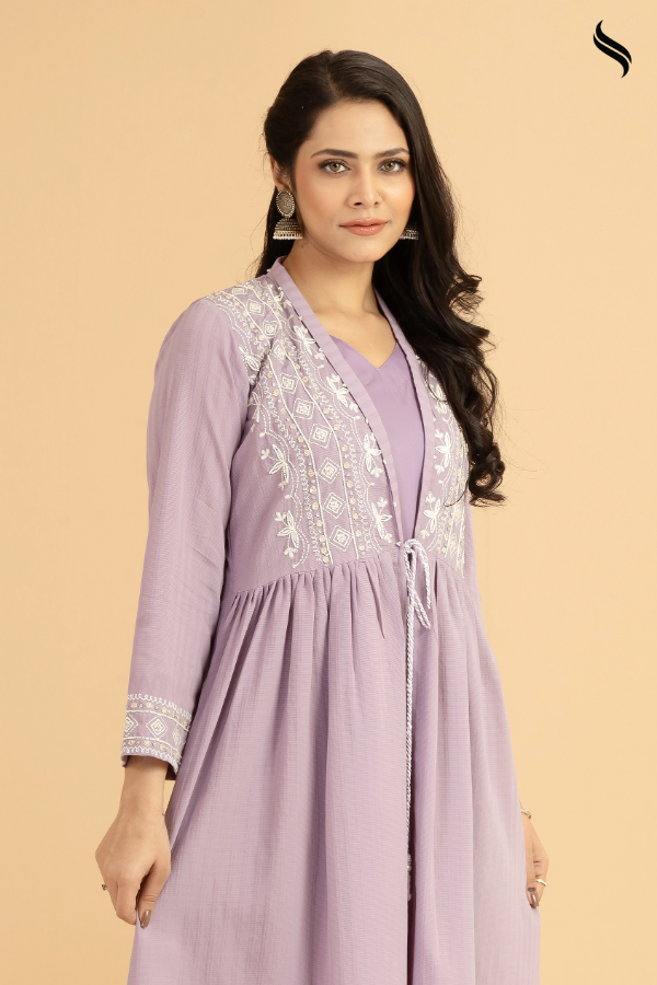 SEESHELL Women's Two Piece Blended Silk Embroidery Lavender (Dusty Lavender Color) 02