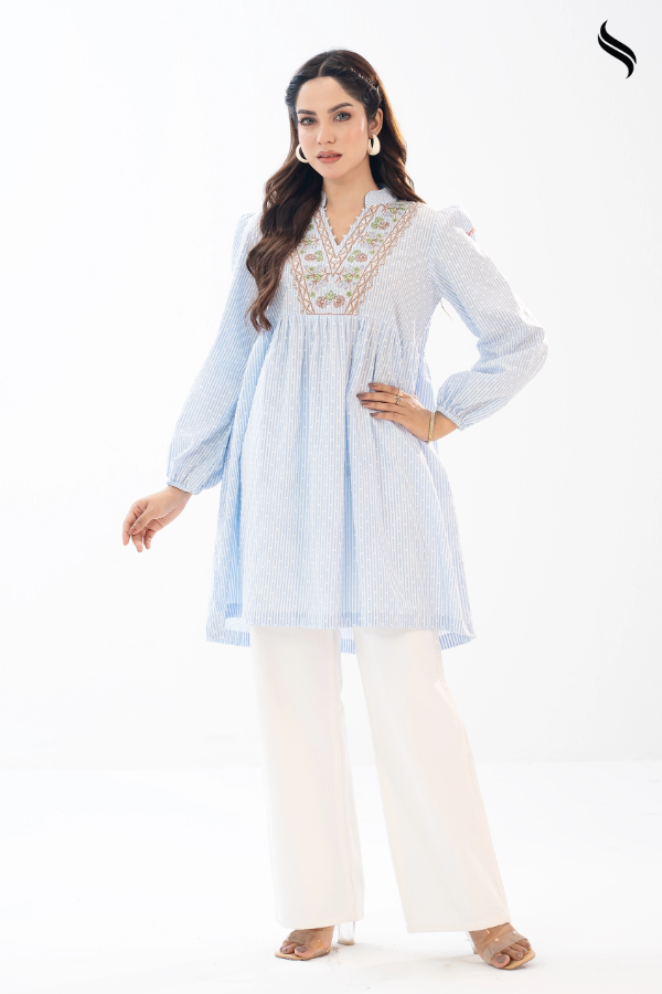 Embossed Striped Sky Blue Cotton with Floral Embroidery (Blue & white Stripe Color) 01