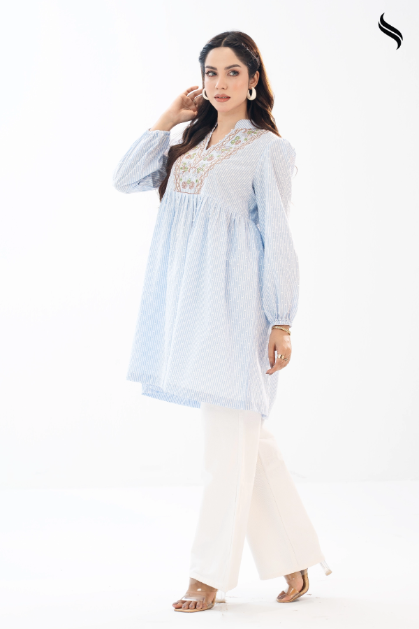 Embossed Striped Sky Blue Cotton with Floral Embroidery (Blue & white Stripe Color) 02