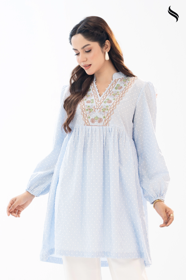 Embossed Striped Sky Blue Cotton with Floral Embroidery (Blue & white Stripe Color) 03