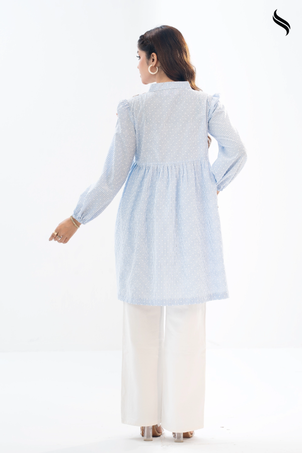 Embossed Striped Sky Blue Cotton with Floral Embroidery (Blue & white Stripe Color) 04