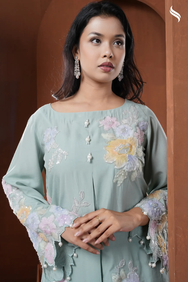 Embroidered pastel floral applique two piece set (Mint Color) 02