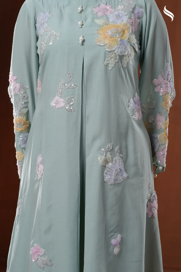Embroidered pastel floral applique two piece set (Mint Color) 03