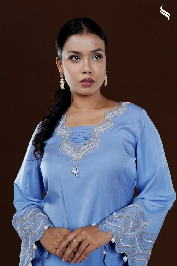 Embroired wave pattern two piece set with pearl work (Powder blue Color) 02