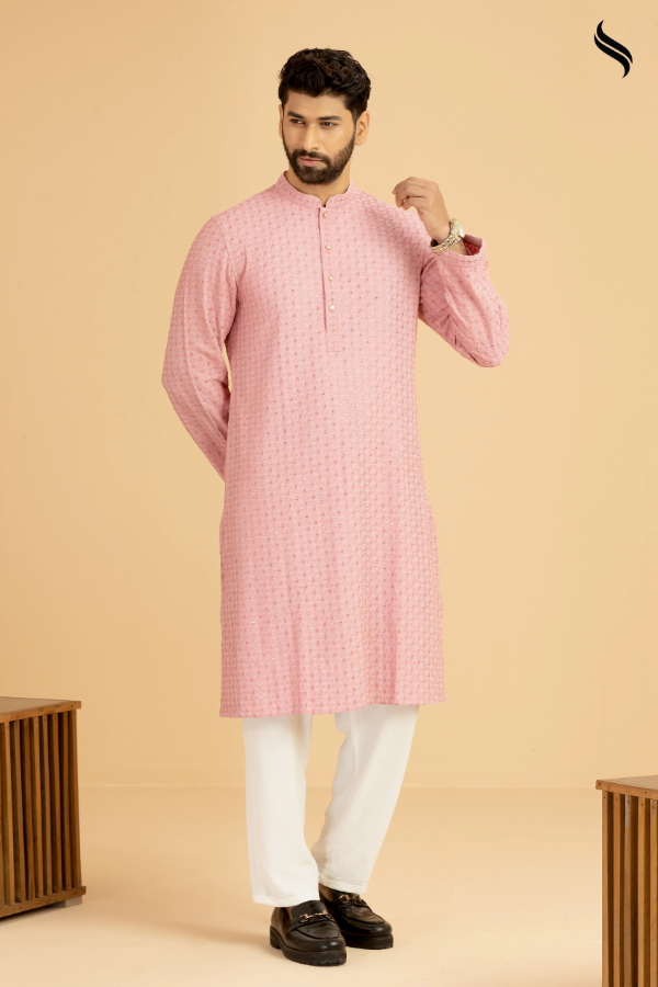 SEESHELL Men's Premium Metal Button Panjabi Chikenkari Pink