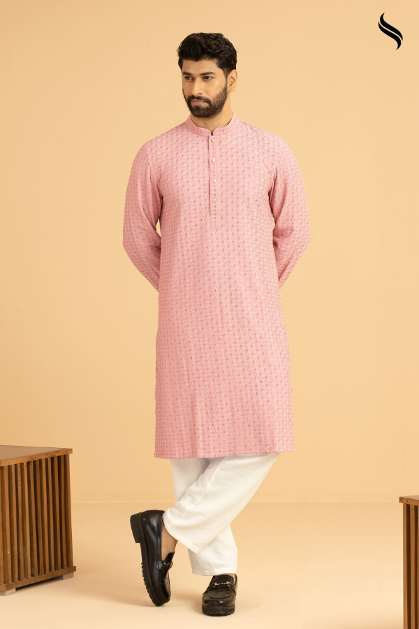 SEESHELL Men's Premium Metal Button Panjabi Chikenkari Pink (Pink Color) 02