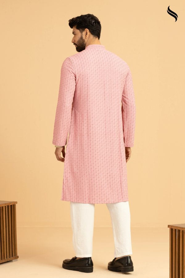 SEESHELL Men's Premium Metal Button Panjabi Chikenkari Pink (Pink Color) 03