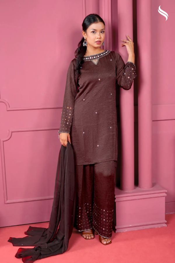 Farsi three piece set with karchupi stone and bead work (Brown Color) 01