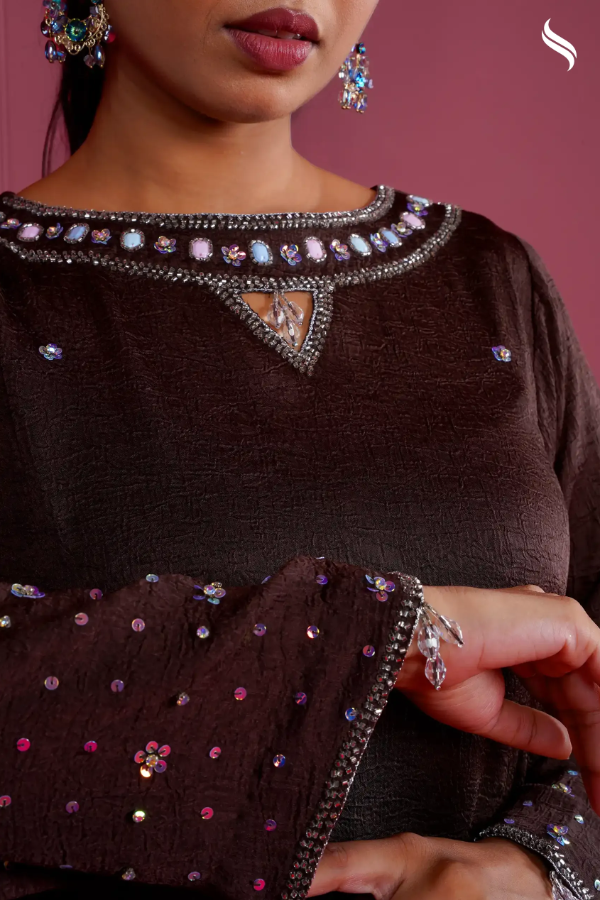 Farsi three piece set with karchupi stone and bead work (Brown Color) 03