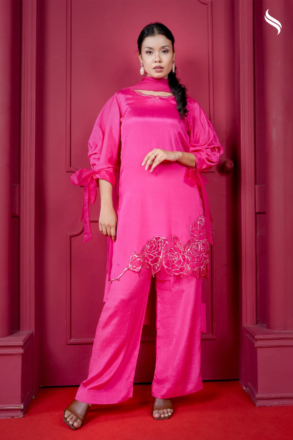 Farsi three piece set with karchupi zardosi work and rose sleeves (Chocolate Fuchsia Pink Color) 01
