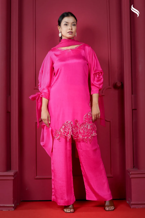 Farsi three piece set with karchupi zardosi work and rose sleeves (Chocolate Fuchsia Pink Color) 02