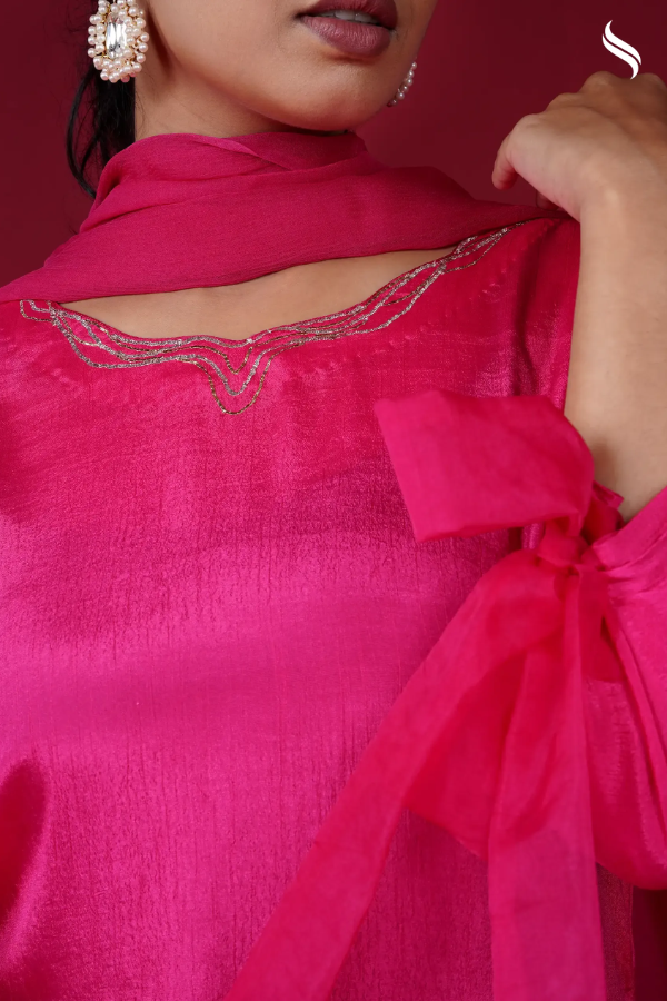 Farsi three piece set with karchupi zardosi work and rose sleeves (Chocolate Fuchsia Pink Color) 03