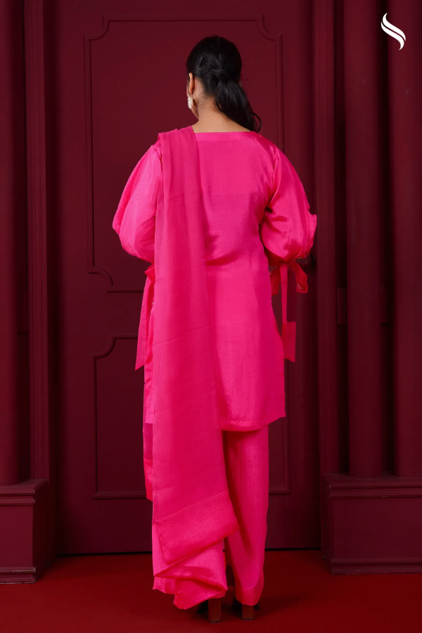 Farsi three piece set with karchupi zardosi work and rose sleeves (Chocolate Fuchsia Pink Color) 04