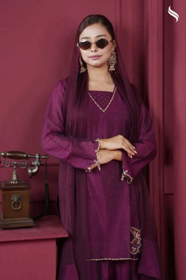 Farsi three piece set with zardosi work on hemline border (Burgandy Color) 02