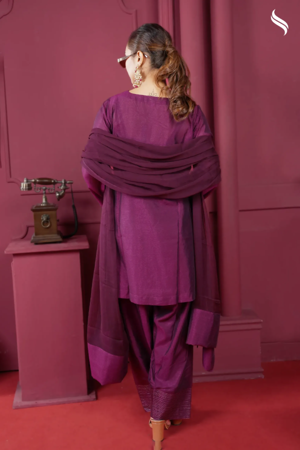 Farsi three piece set with zardosi work on hemline border (Burgandy Color) 04