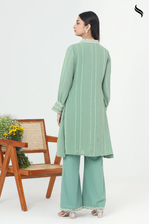SEESHELL Women's Two Piece Crinkle Georgette Zardosi Green (Fern Green Color) 03