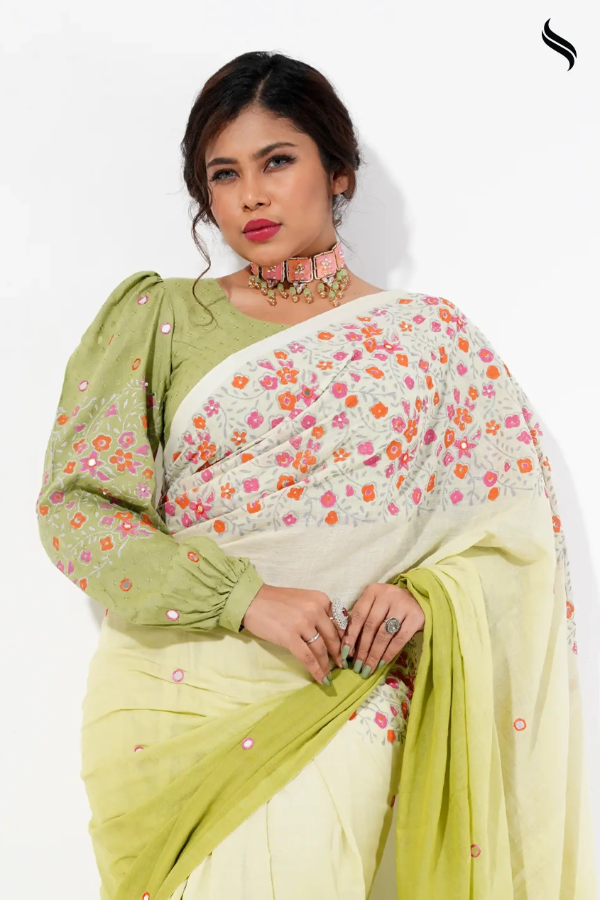 Floral Block Printed Ombre Cotton Saree With Mirror Work (Green Color) 01
