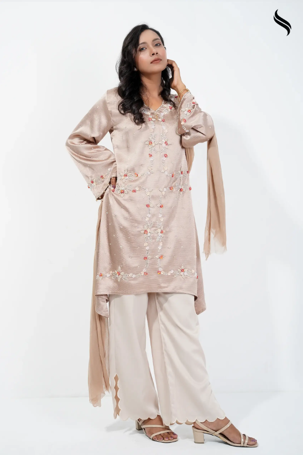 Floral Box Pattern Dress (Beige Color) 05