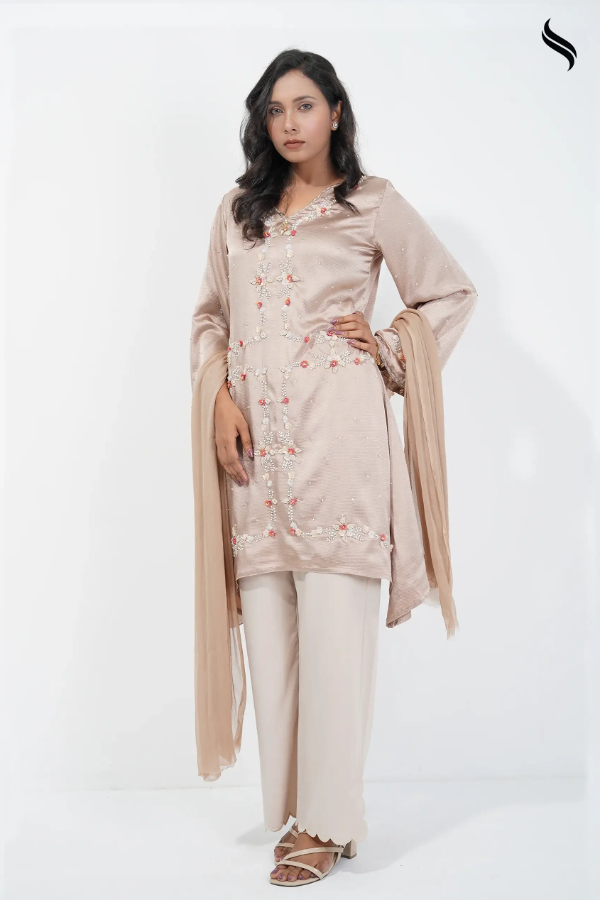 Floral Box Pattern Dress (Beige Color) 06