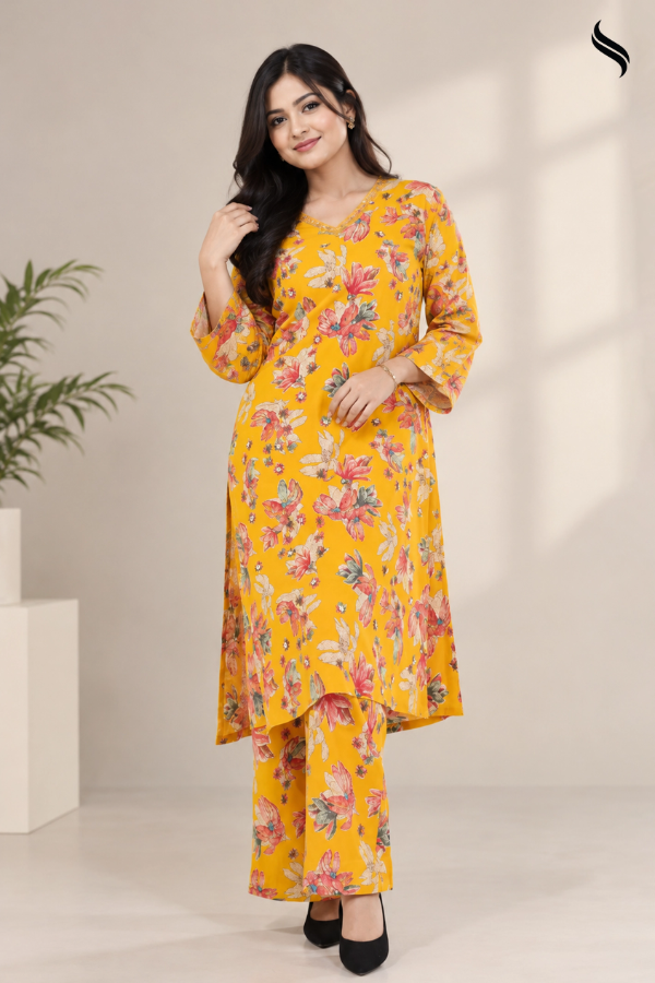 SEESHELL Women's Floral Printed 2pcs Luxury Cotton (Yellow print Color) 01
