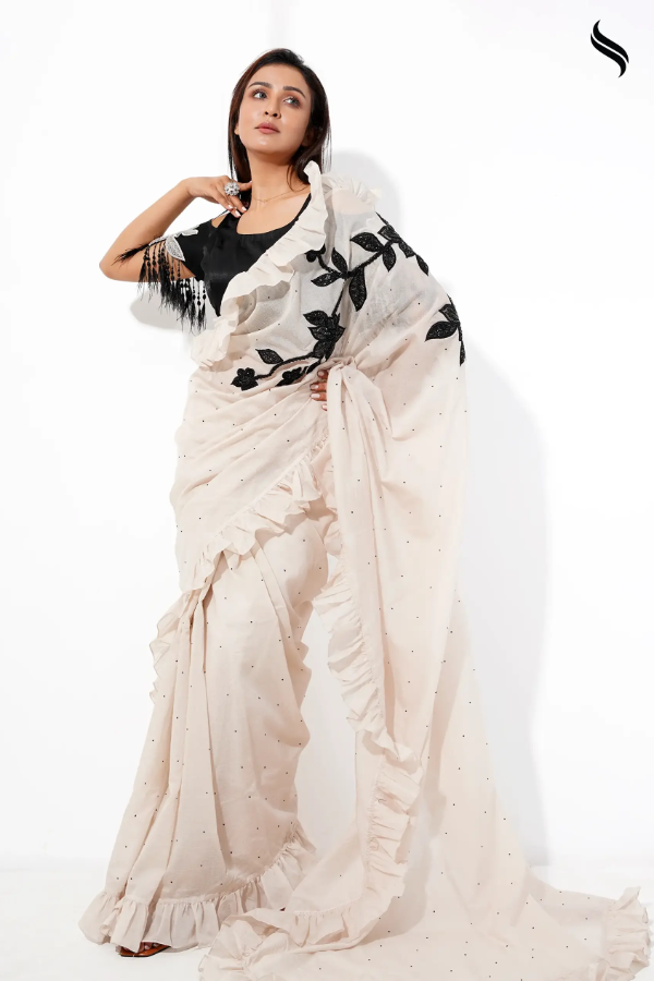 Frilled Kota Saree With Lace Applique