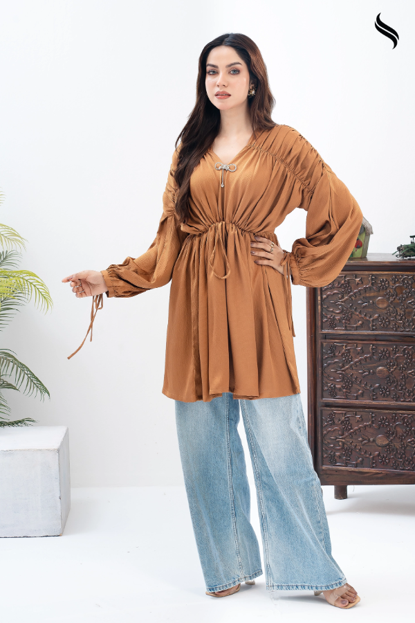 SEESHELL Women's Top Crinkle Silk Ruched Bow Golden Brown