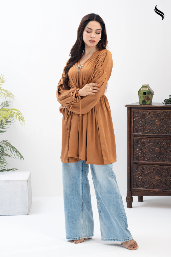 SEESHELL Women's Top Crinkle Silk Ruched Bow Golden Brown (Golden Brown Color) 02