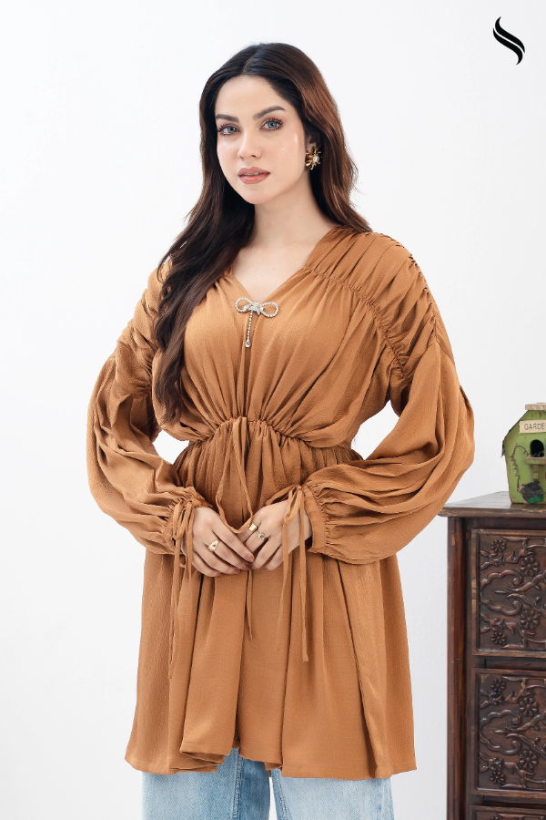SEESHELL Women's Top Crinkle Silk Ruched Bow Golden Brown (Golden Brown Color) 03