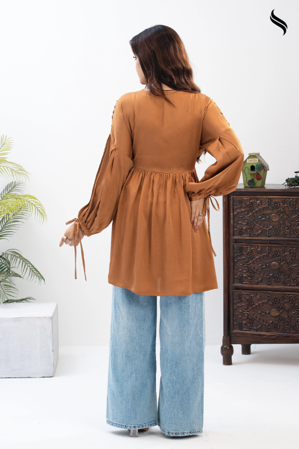 SEESHELL Women's Top Crinkle Silk Ruched Bow Golden Brown (Golden Brown Color) 04