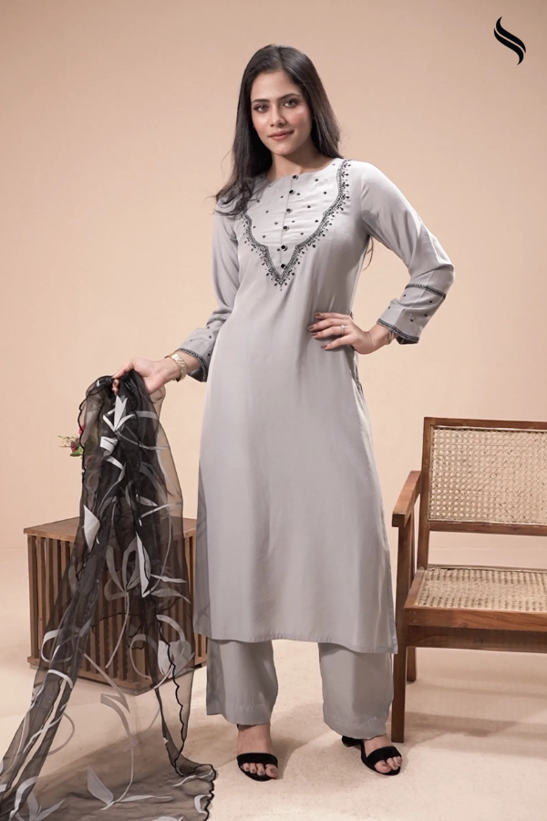 SEESHELL Women's Three Piece Embroidery Organza Grey Black