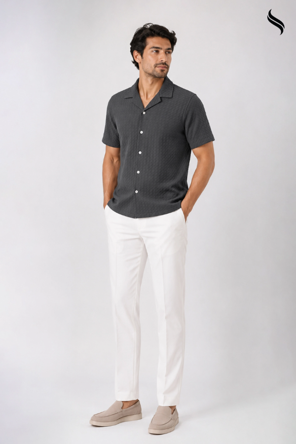 SEESHELL Men's Cuban Shirt Embossed Woven Cotton Gray (Gray Color) 01