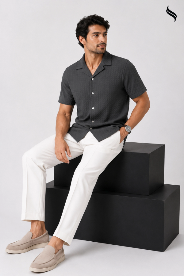 SEESHELL Men's Cuban Shirt Embossed Woven Cotton Gray (Gray Color) 02