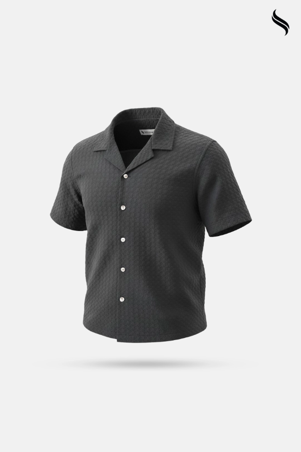 SEESHELL Men's Cuban Shirt Embossed Woven Cotton Gray (Gray Color) 03