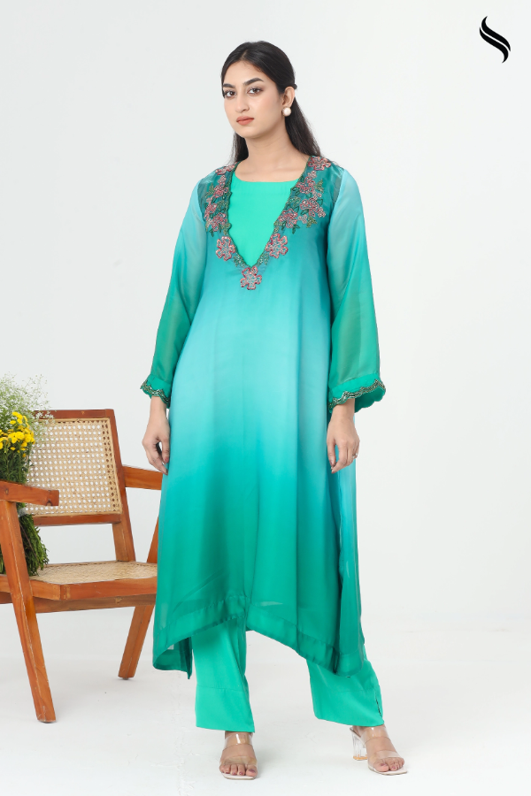 SEESHELL Women's Two Piece Shaded Silk Zardosi Ombre Green