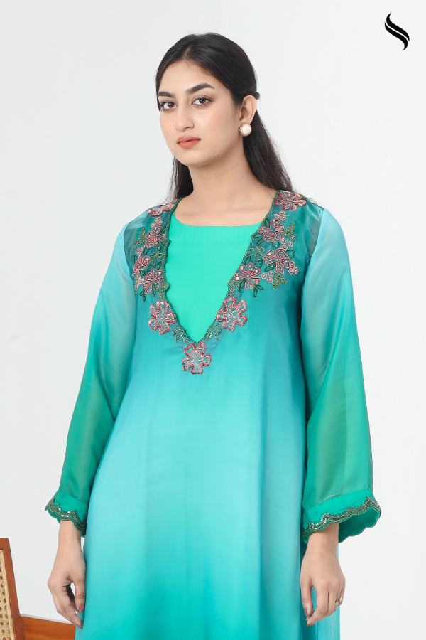 SEESHELL Women's Two Piece Shaded Silk Zardosi Ombre Green (Green Color) 02