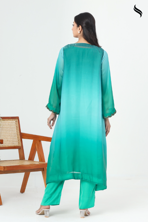 SEESHELL Women's Two Piece Shaded Silk Zardosi Ombre Green (Green Color) 03