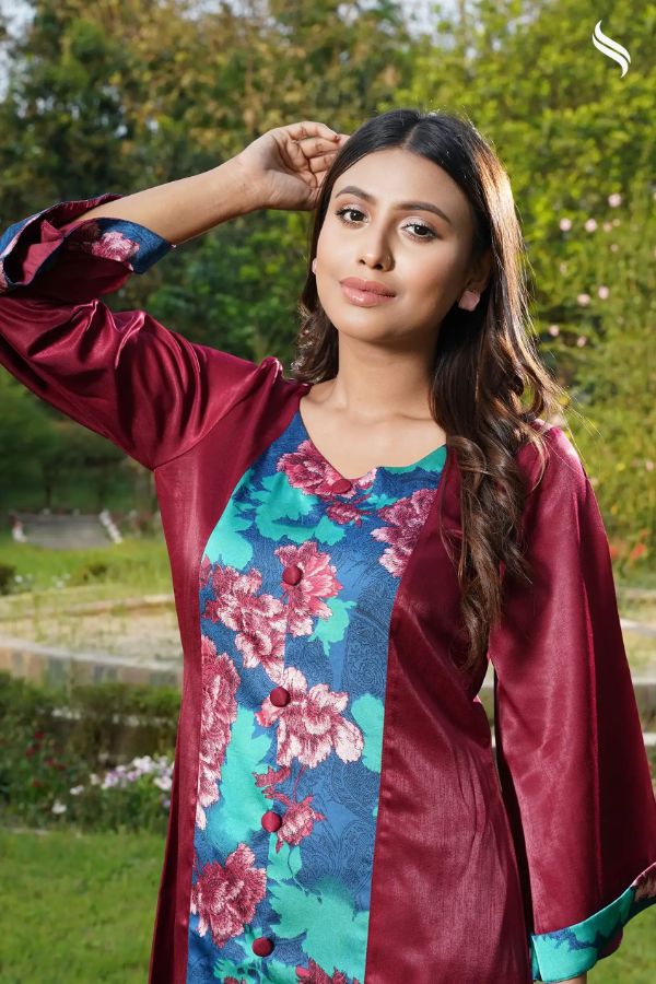 SEESHELL Women's 2pcs V Neck Printed Royal Silk