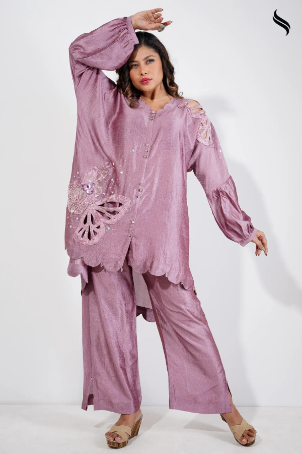 Kaftan style two piece set with butterfly cutwork (Plum Color) 02