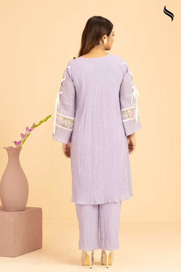 SEESHELL Women's Two Piece Embossed Georgette Applique Lavender (Lavender Color) 03