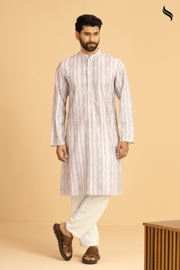 SEESHELL Men's Panjabi Blended Silk Zardosi Stripe Lavender (Lavender Color) 02