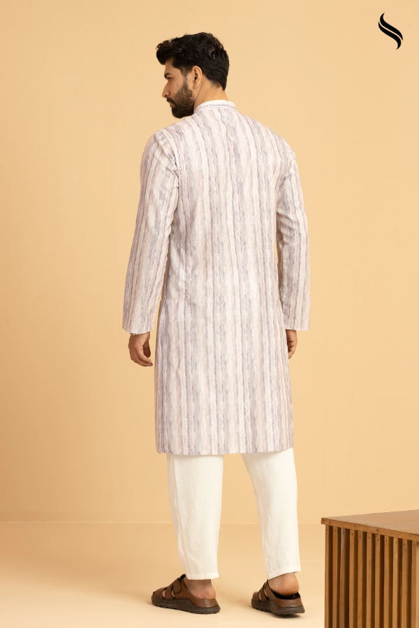 SEESHELL Men's Panjabi Blended Silk Zardosi Stripe Lavender (Lavender Color) 03
