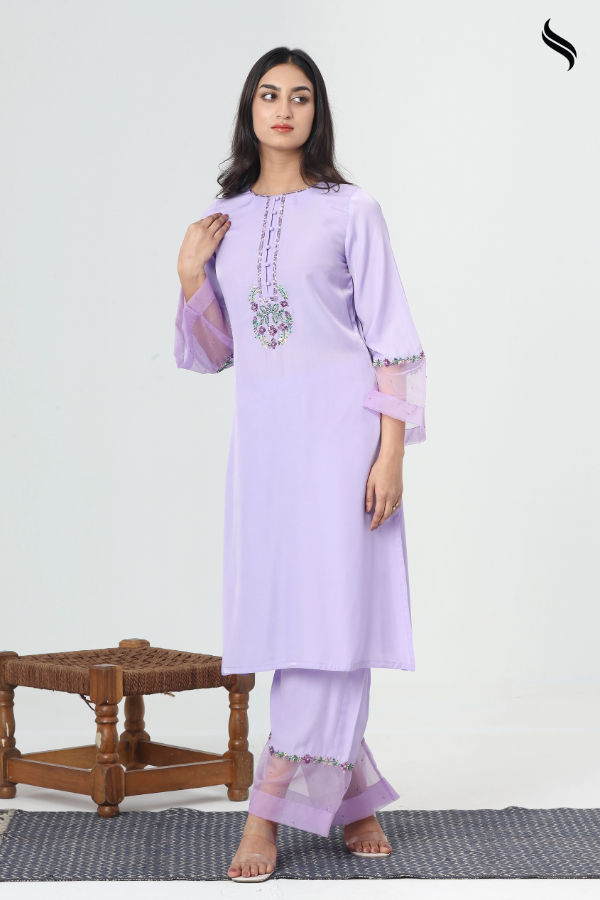SEESHELL Women's Two Piece Silk Zardosi Muslin Lavender