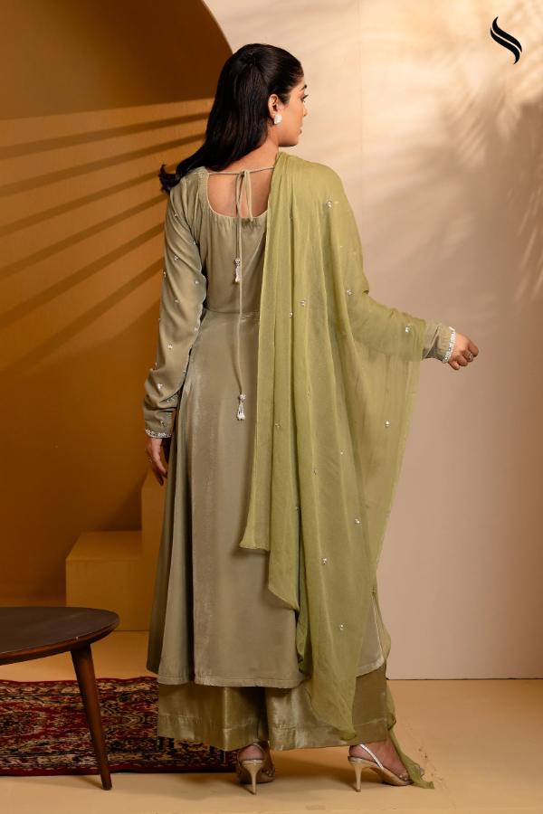 SEESHELL Women's Anarkali Velvet Karchupi Light Olive
