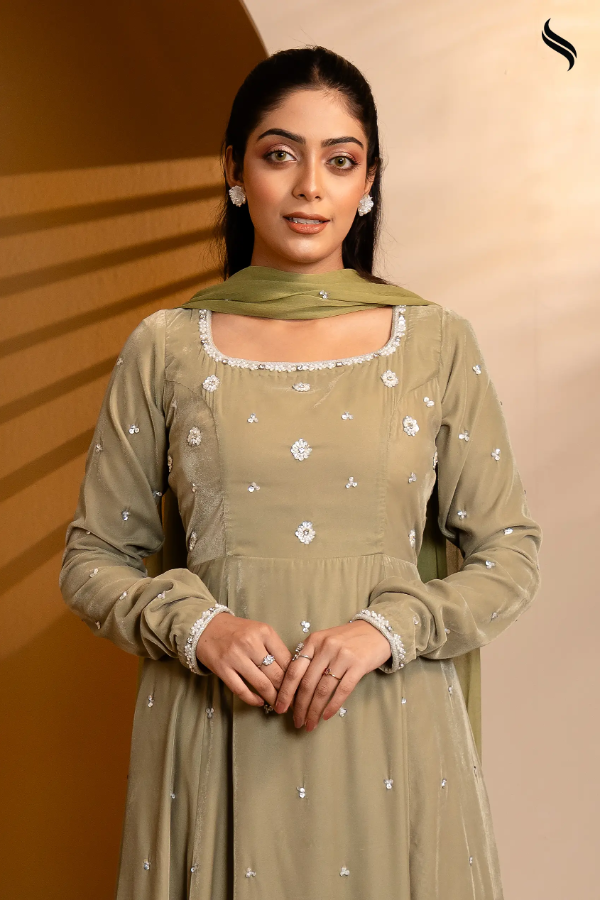 SEESHELL Women's Anarkali Velvet Karchupi Light Olive (Light Olive Color) 02