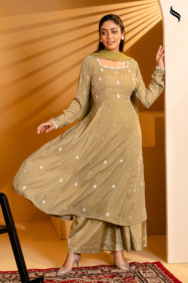 SEESHELL Women's Anarkali Velvet Karchupi Light Olive (Light Olive Color) 03