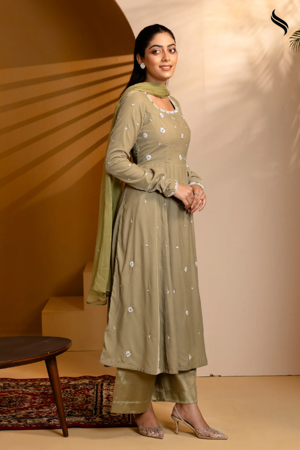SEESHELL Women's Anarkali Velvet Karchupi Light Olive (Light Olive Color) 04