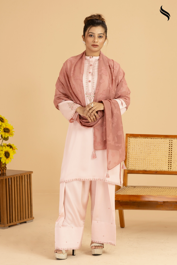 SEESHELL Women's Three Piece Silk Contrast Light Pink Mauve